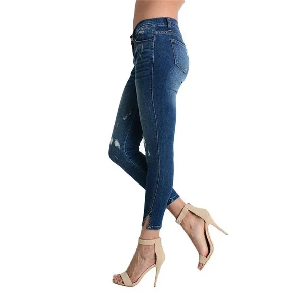 Women's Distressed Ankle Split Hem Jeans - Picture 1 of 13